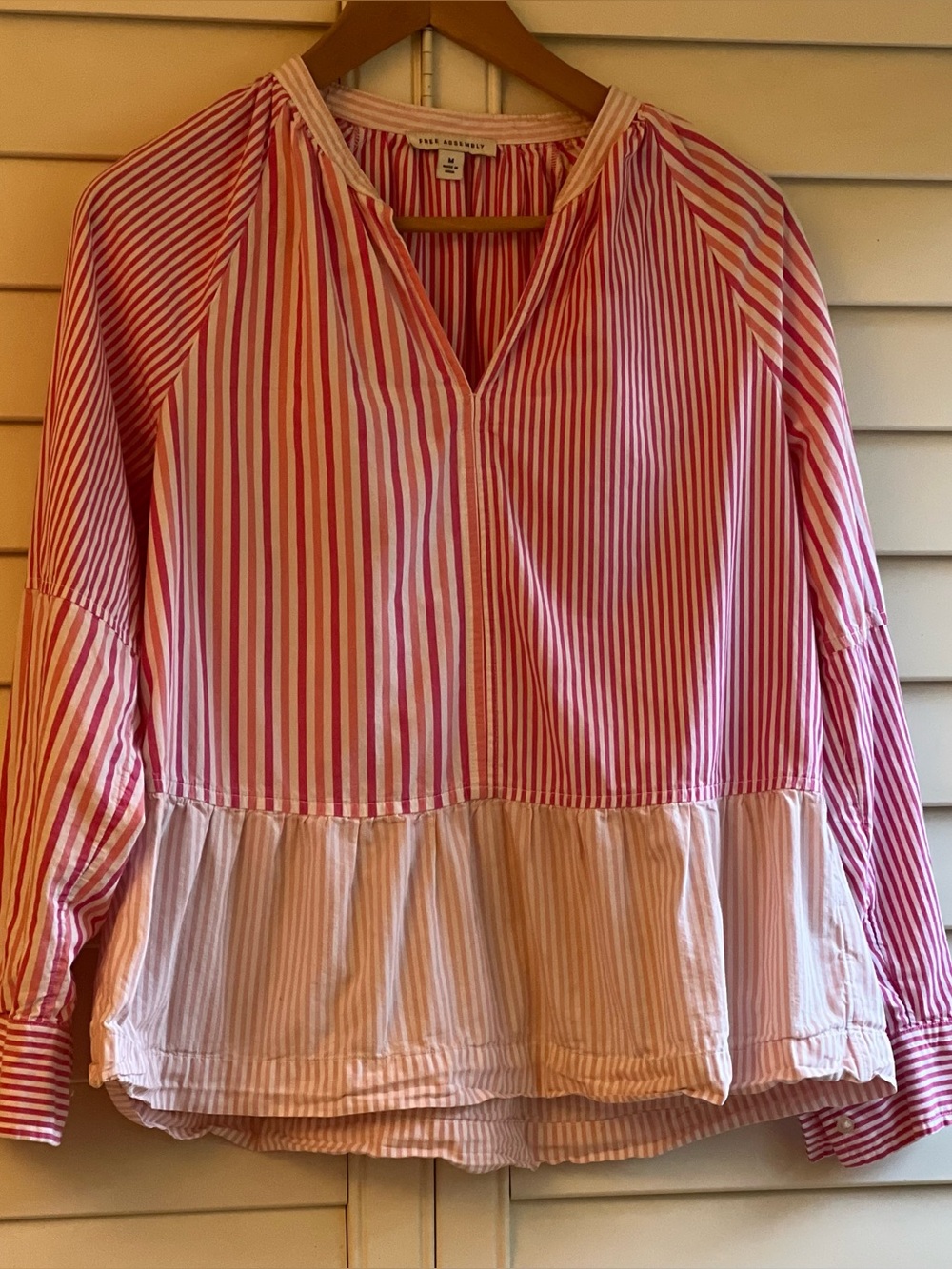 FREE ASSEMBLY Charming, Breezy Pink Striped Peplum Split Neck Tunic Blouse Size